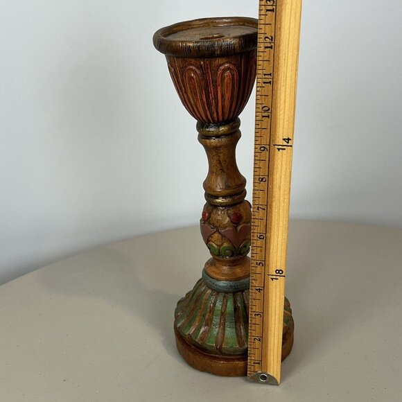 Carved Candle Holder Colorful Wood Slight Gold Tones 12” - Picture 10 of 12